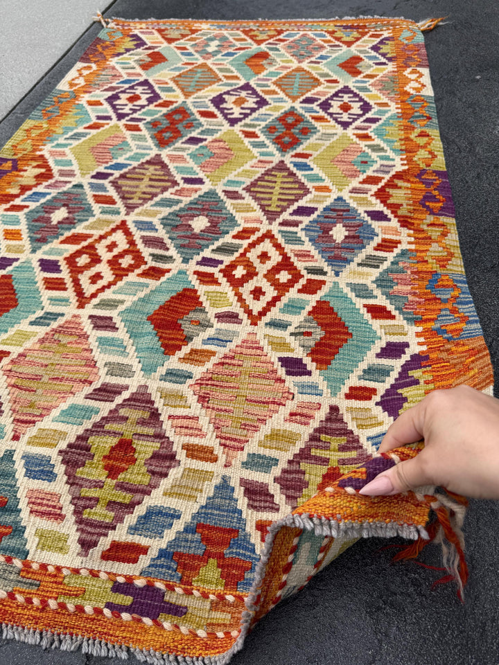 3x5 Handmade Afghan Kilim Rug | Burnt Orange Eggplant Purple Prussian Denim Teal Aqua Blue Olive Moss Green Scarlet Brick Red Cream | Wool