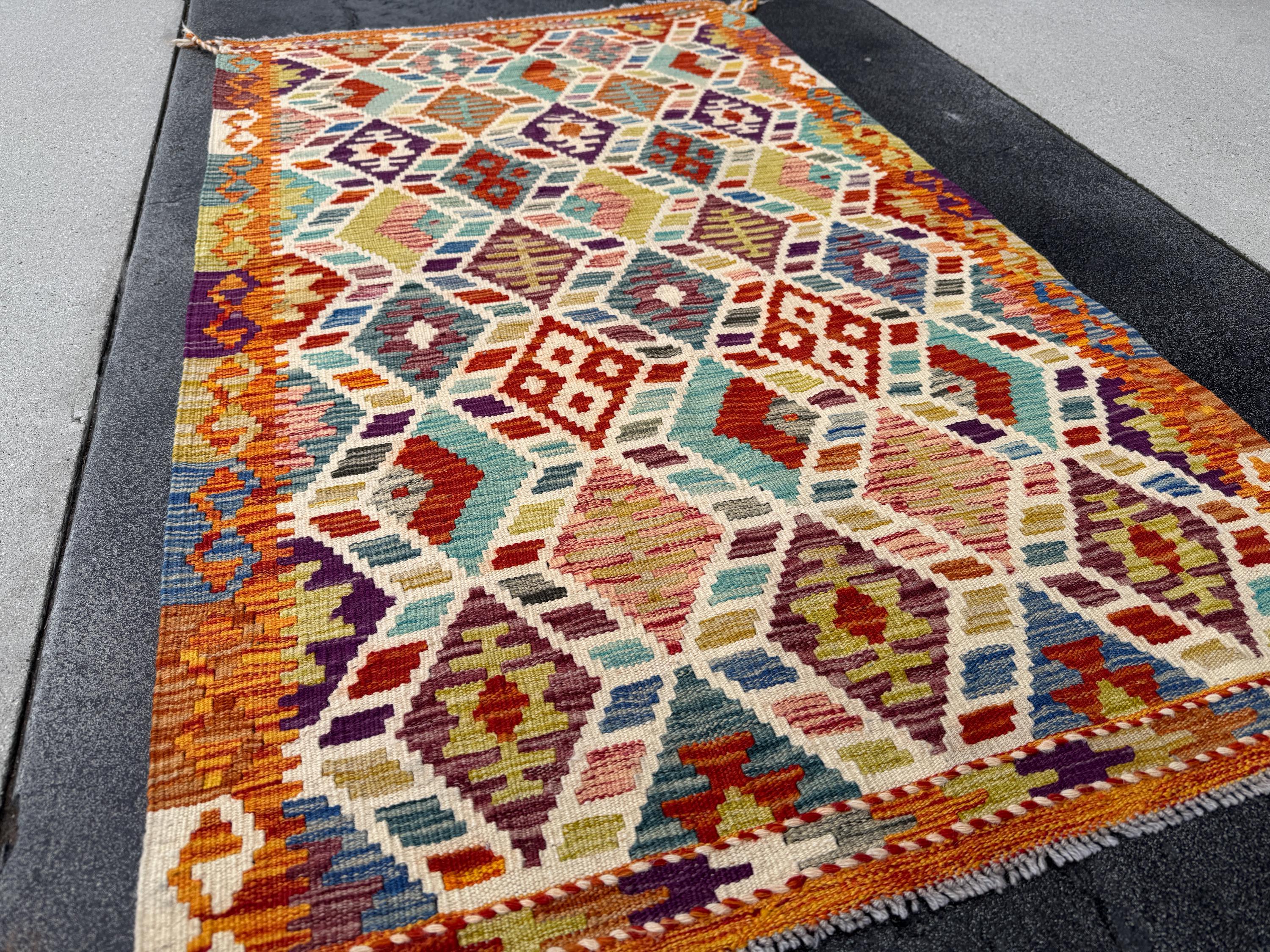 3x5 Handmade Afghan Kilim Rug | Burnt Orange Eggplant Purple Prussian Denim Teal Aqua Blue Olive Moss Green Scarlet Brick Red Cream | Wool
