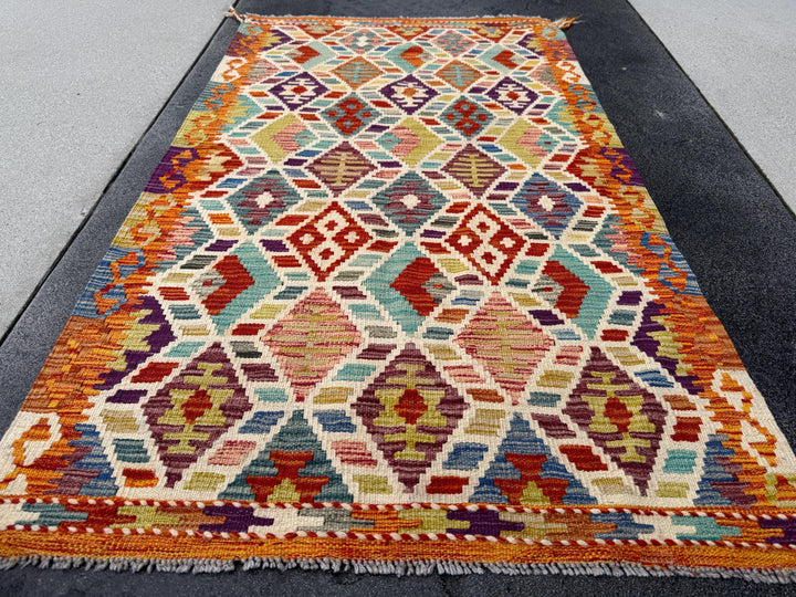 3x5 Handmade Afghan Kilim Rug | Burnt Orange Eggplant Purple Prussian Denim Teal Aqua Blue Olive Moss Green Scarlet Brick Red Cream | Wool