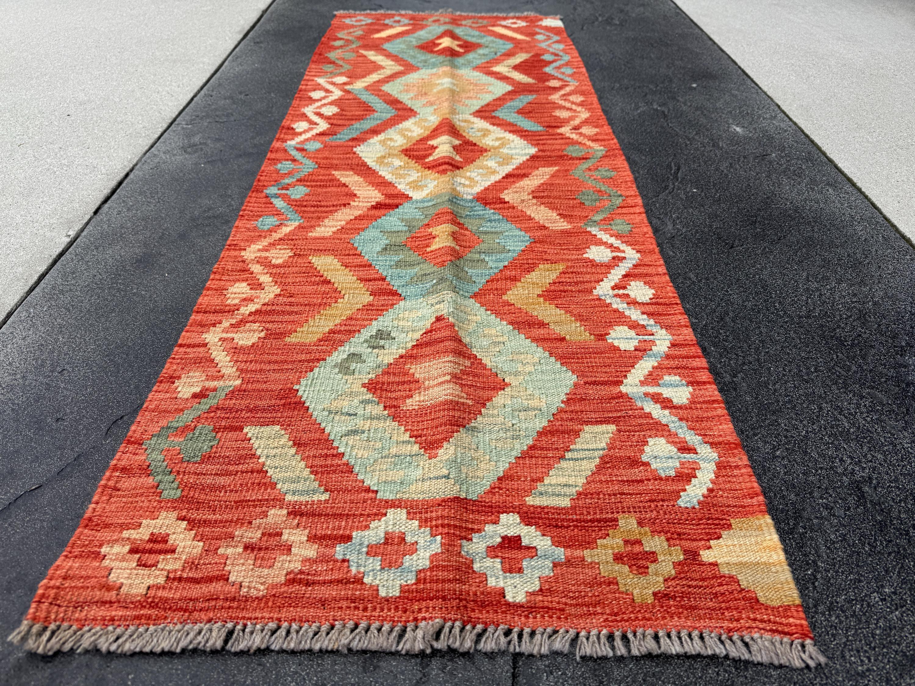 2x6 (61x182) Handmade Afghan Kilim Runner Rug | Coral Orange Peach Saffron Brick Red Powder Denim Teal Powder Blue Tan Cream | Wool