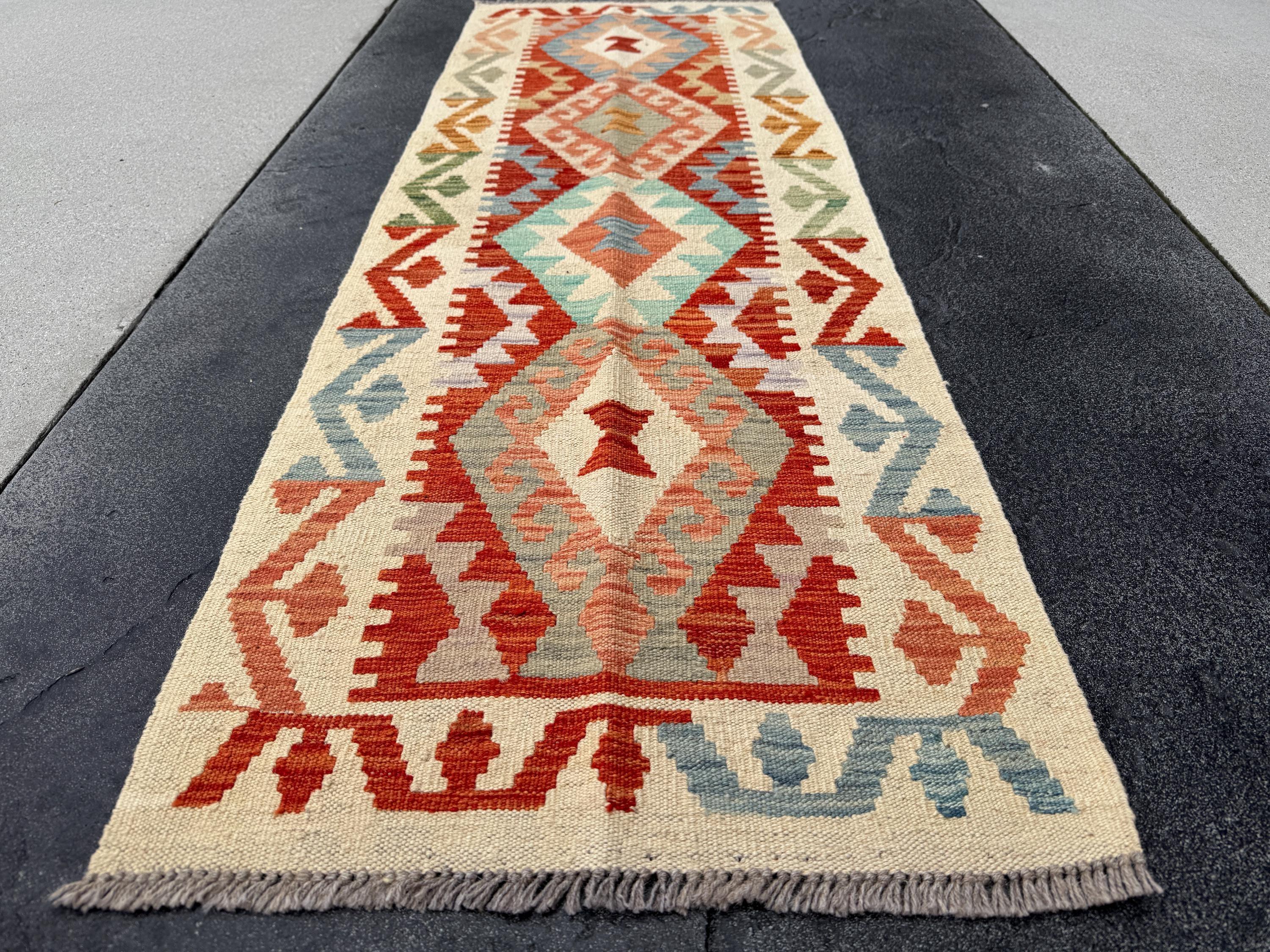 2x6 (61x182) Handmade Afghan Kilim Runner Rug | Cream Tan Taupe Denim Sky Baby Blue Crimson Scarlet Red Sage Pine Green Peach Grey Cream