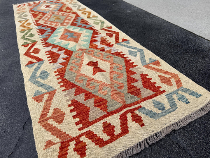 2x6 (61x182) Handmade Afghan Kilim Runner Rug | Cream Tan Taupe Denim Sky Baby Blue Crimson Scarlet Red Sage Pine Green Peach Grey Cream