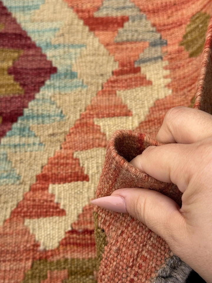 2x6-7 (61x200) Handmade Afghan Kilim Runner Rug | Coral Orange Wine Burgundy Red Cream Yellow Taupe Tan Coffee Brown Baby Denim Blue | Wool