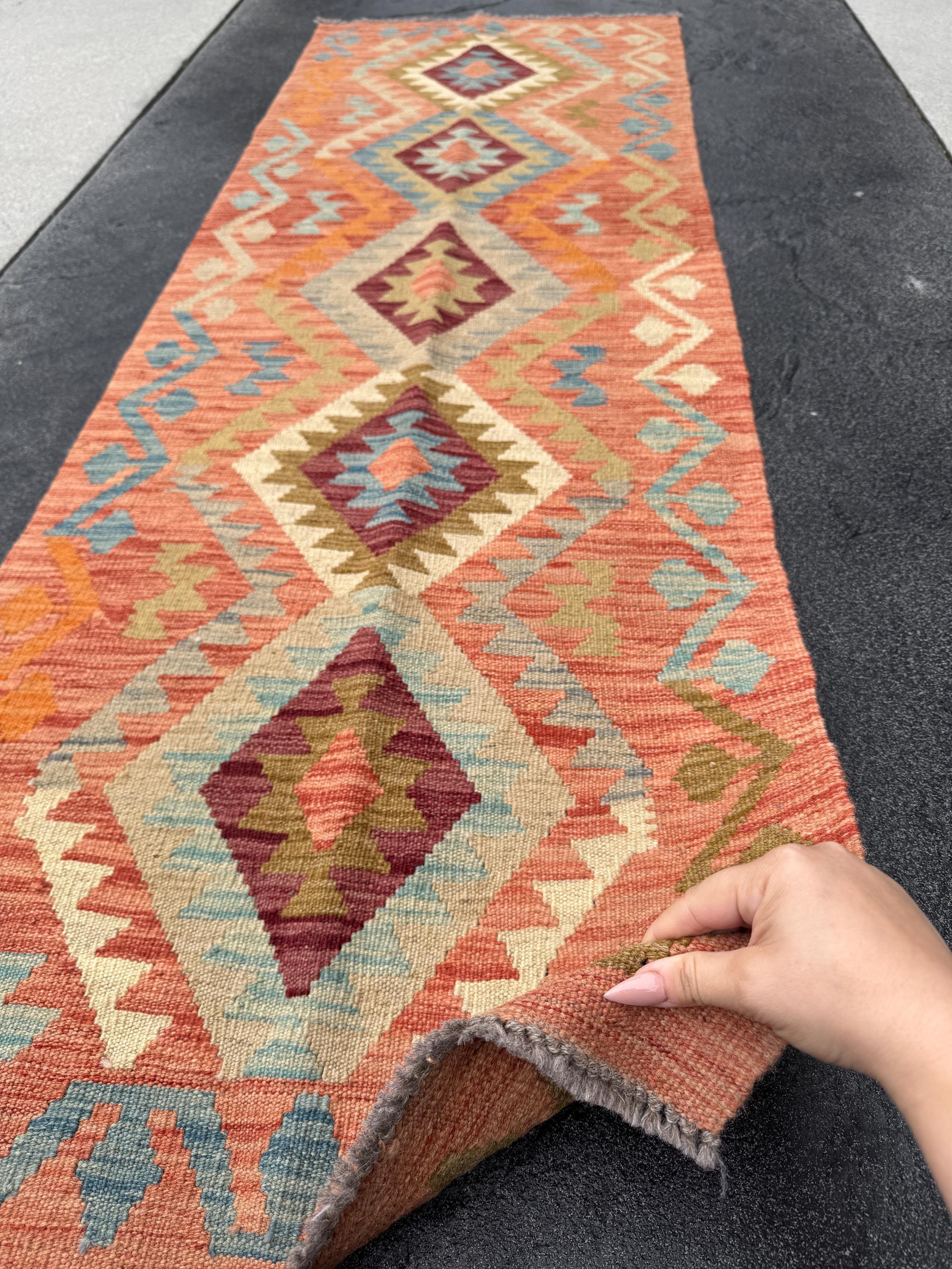 2x6-7 (61x200) Handmade Afghan Kilim Runner Rug | Coral Orange Wine Burgundy Red Cream Yellow Taupe Tan Coffee Brown Baby Denim Blue | Wool