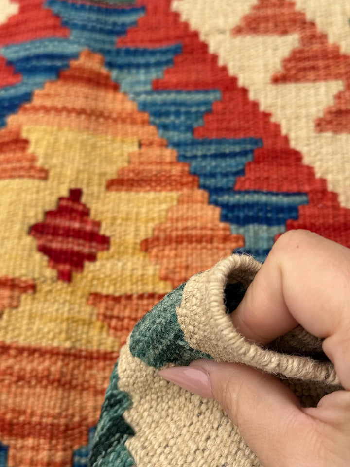 2x6 (61x182) Handmade Afghan Kilim Runner Rug | Cream Scarlet Crimson Red Orange Coreal Peach Teal Royal Baby Sky Blue | Wool Flatweave