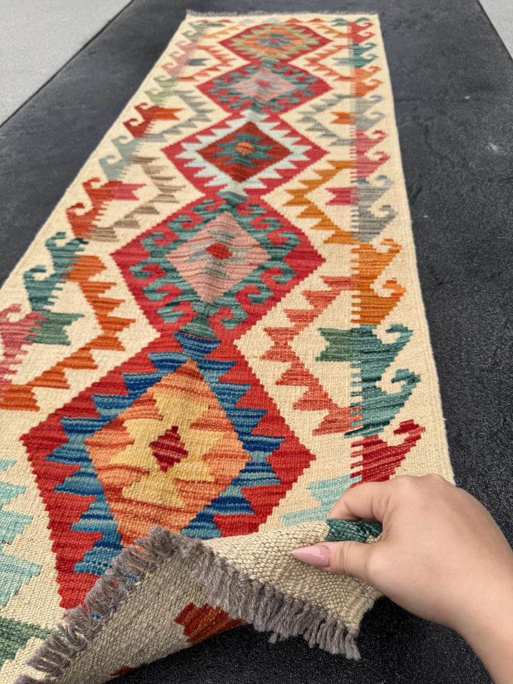 2x6 (61x182) Handmade Afghan Kilim Runner Rug | Cream Scarlet Crimson Red Orange Coreal Peach Teal Royal Baby Sky Blue | Wool Flatweave