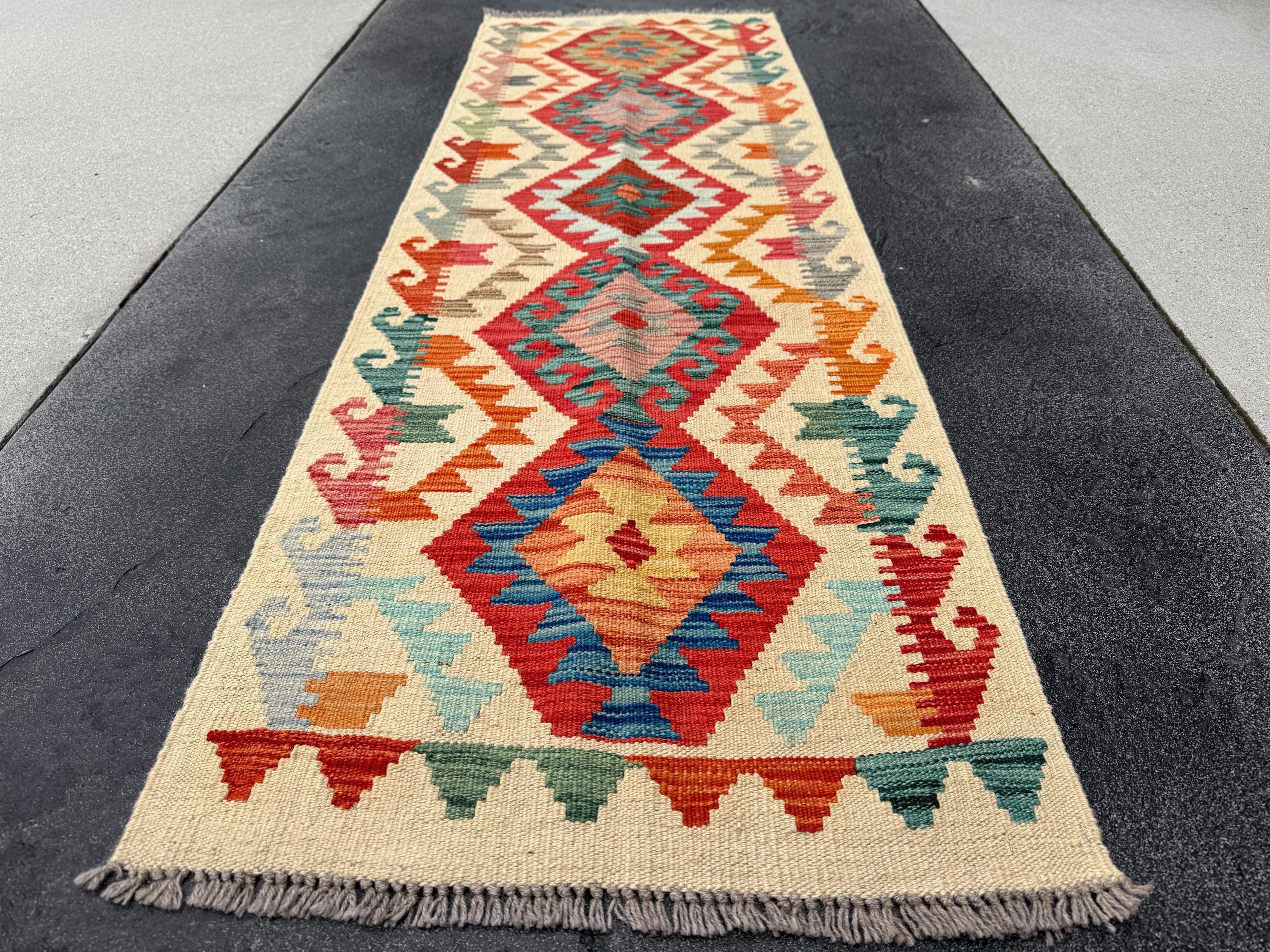 2x6 (61x182) Handmade Afghan Kilim Runner Rug | Cream Scarlet Crimson Red Orange Coreal Peach Teal Royal Baby Sky Blue | Wool Flatweave