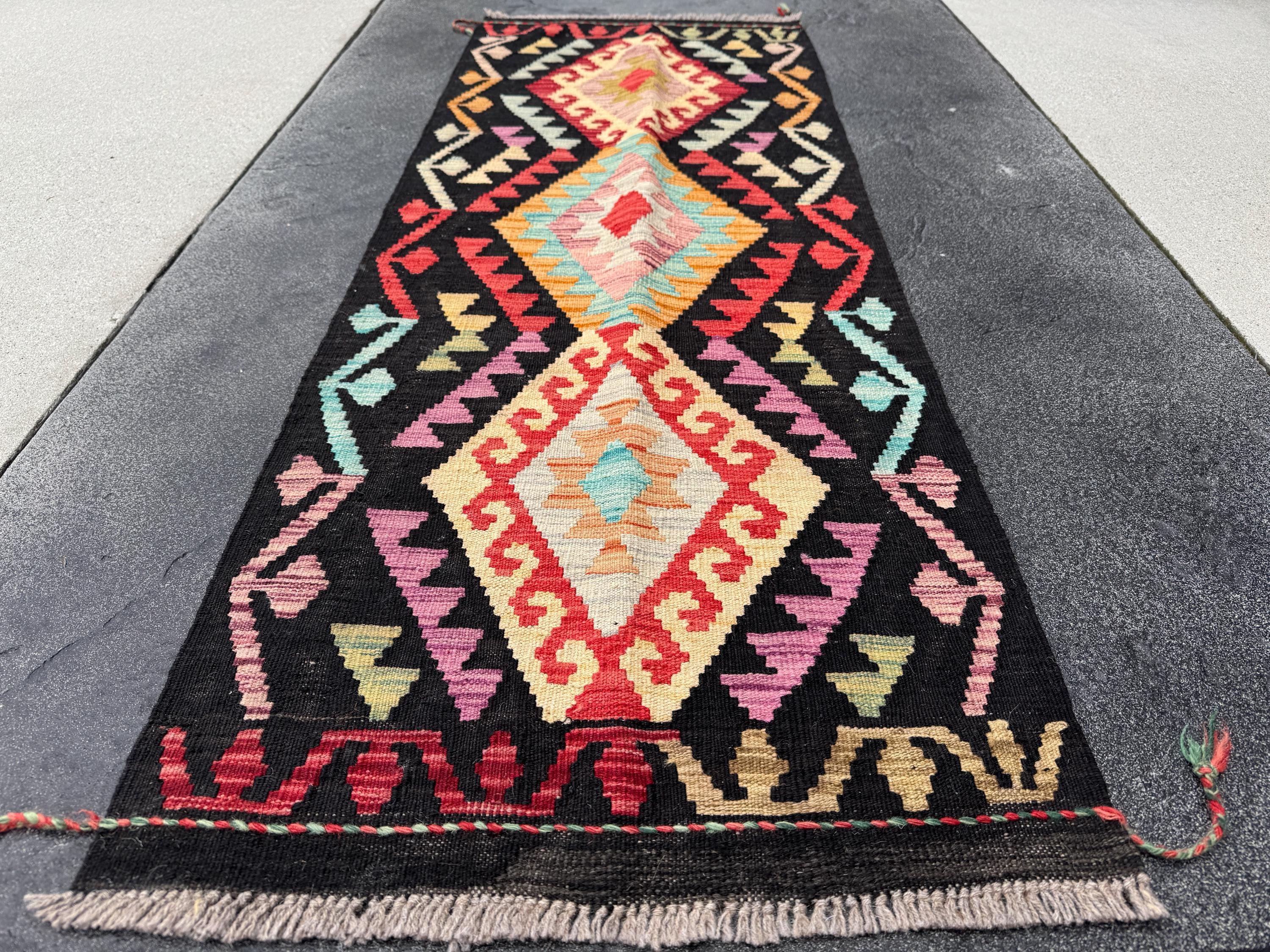2x6 (61x182) Handmade Afghan Kilim Runner Rug | Black Sky Baby Blue Fuchsia Pink Brick Scarlet Red Coffee Brown Peach Orange Green Saffron