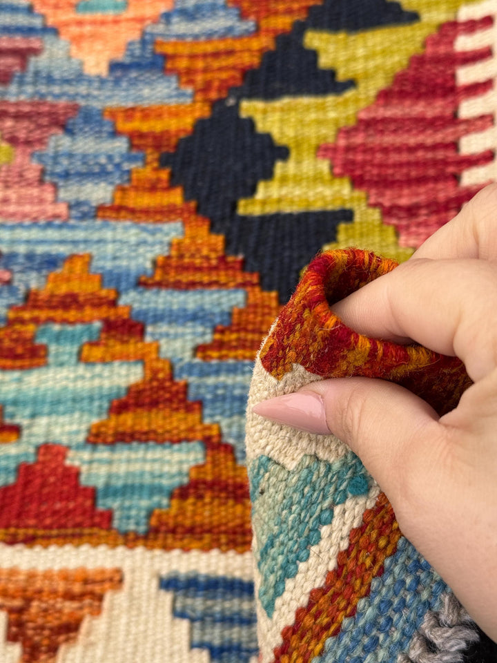 3x5 Handmade Afghan Kilim Rug | Burnt Coral Orange Black Olive Moss Chartreuse Green Baby Denim Aqua Blue Crimson Red Burgundy Purple Grey