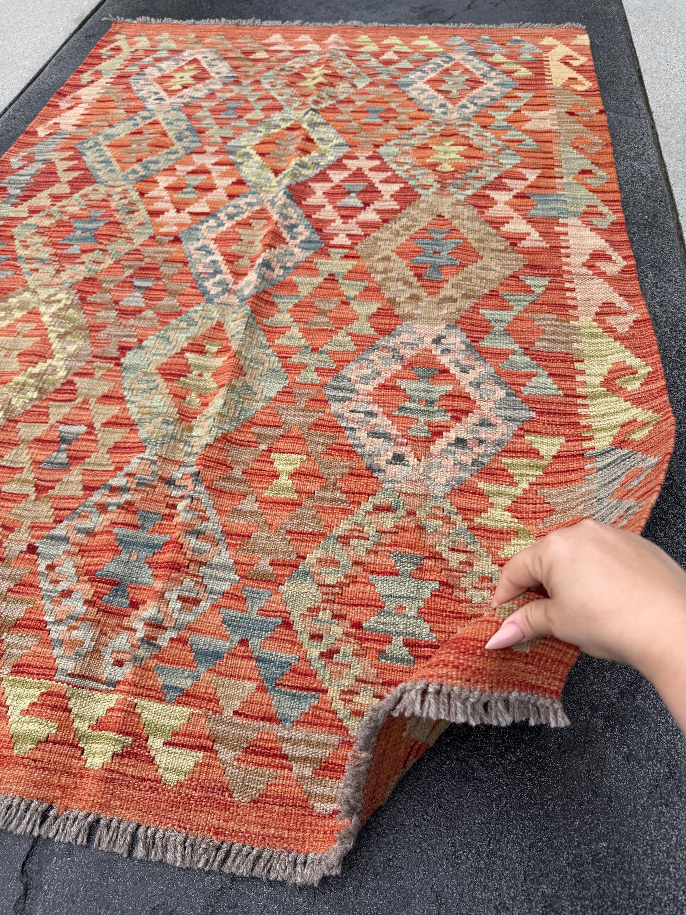 3x5 (91x152) Handmade Afghan Kilim Rug | Burnt Orange Olive Green Prussian Teal Denim Blue Tan Coffee Brown Brick Red | Wool Flatweave