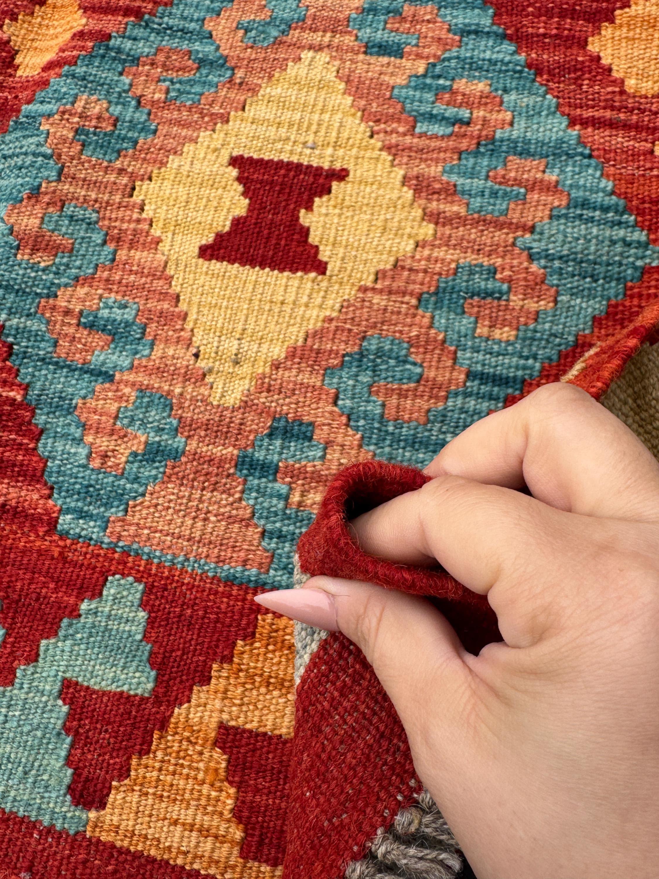 3x5 (91x152) Handmade Afghan Kilim Rug | Scarlet Crimson Blood Red Saffron Yellow Rust Orange Teal Turquoise Sky Denim Powder Blue Green Tan