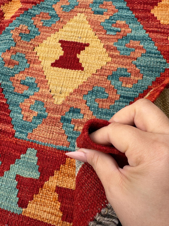 3x5 (91x152) Handmade Afghan Kilim Rug | Scarlet Crimson Blood Red Saffron Yellow Rust Orange Teal Turquoise Sky Denim Powder Blue Green Tan
