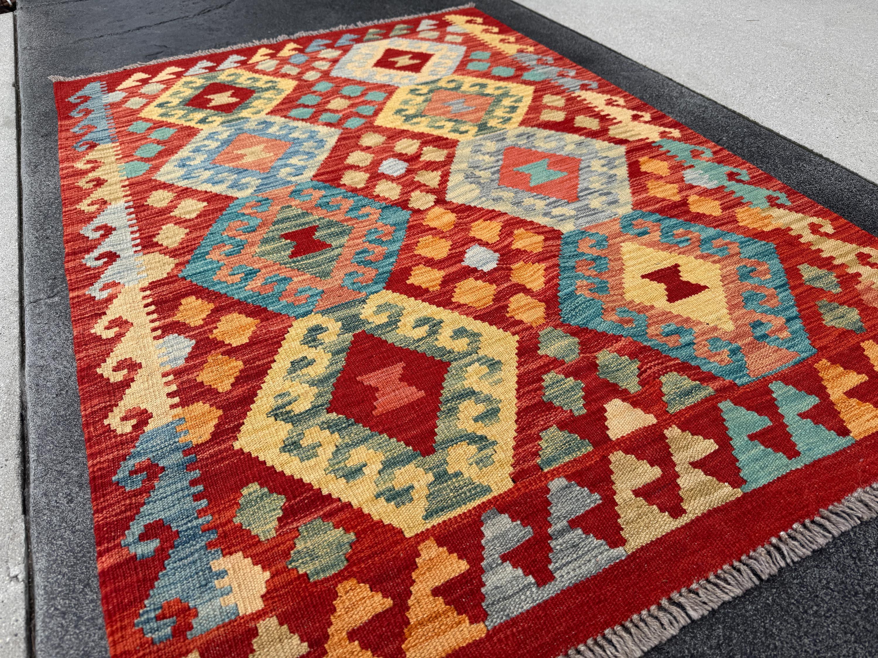 3x5 (91x152) Handmade Afghan Kilim Rug | Scarlet Crimson Blood Red Saffron Yellow Rust Orange Teal Turquoise Sky Denim Powder Blue Green Tan