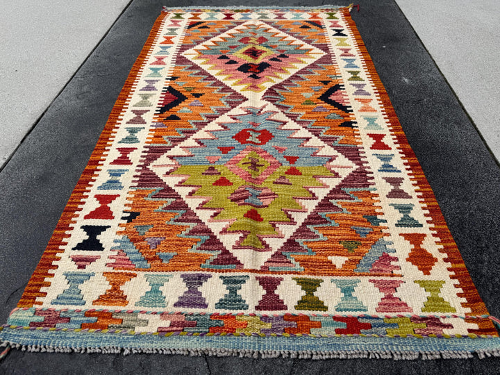 3x5 (91x152) Handmade Afghan Kilim Rug | Orange Burnt Scarlet Red Chartreuse Forest Green Cream Purple Denim Baby Blue Black Pink | Wool
