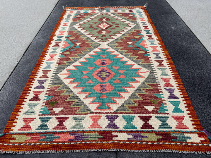 3x5 Handmade Afghan Kilim Rug | Orange Blood Burnt Burgundy Wine Red Salmon Coral Pink Grey Denim Prussian Teal Blue Purple Cream Green