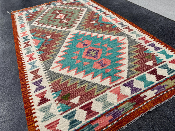 3x5 Handmade Afghan Kilim Rug | Orange Blood Burnt Burgundy Wine Red Salmon Coral Pink Grey Denim Prussian Teal Blue Purple Cream Green