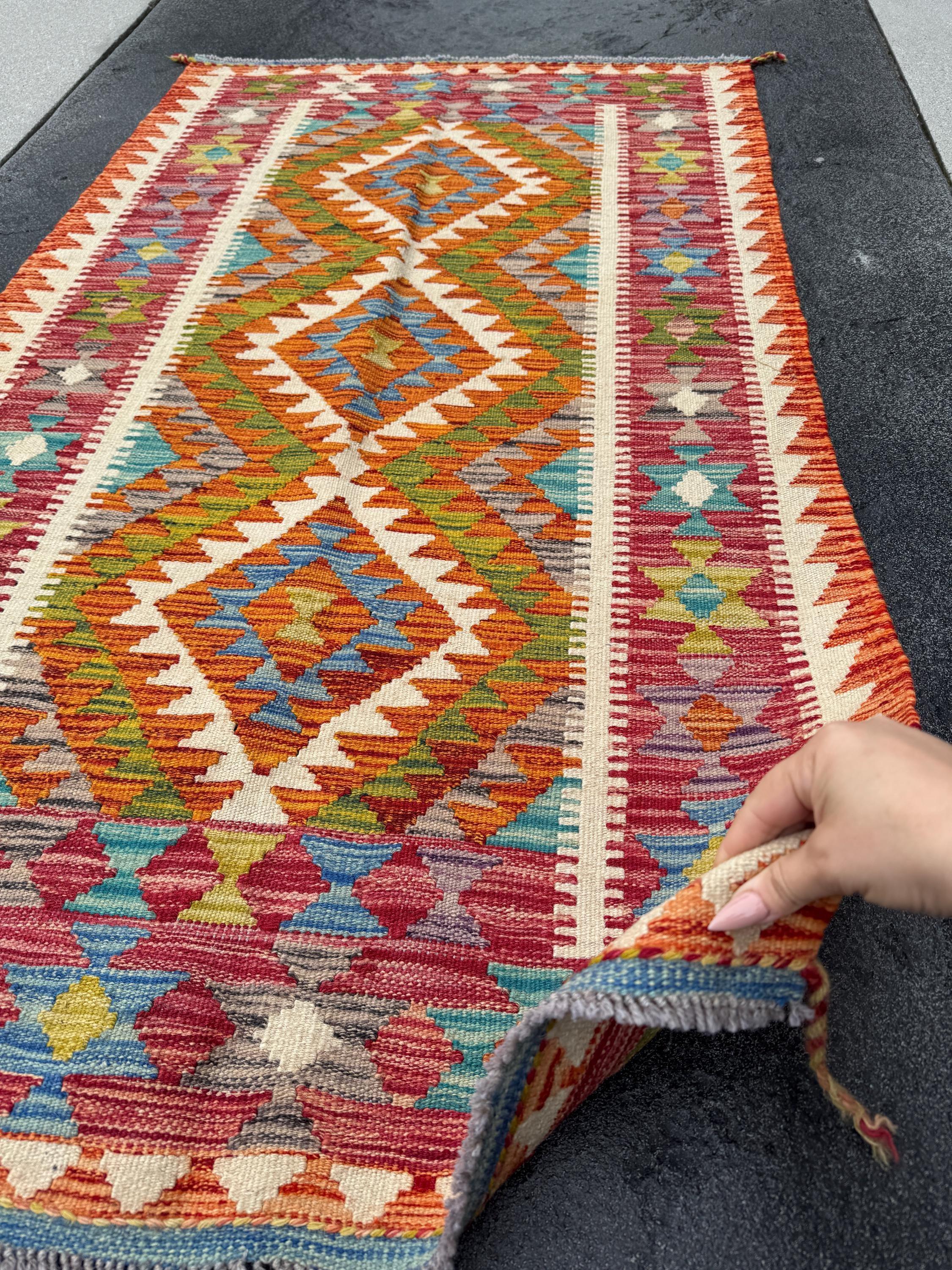 3x5 (91x152) Handmade Afghan Kilim Rug | Burnt Orange Brick Auburn Red Moss Olive Green Purple Teal Denim Blue Cream | Wool Flatweave