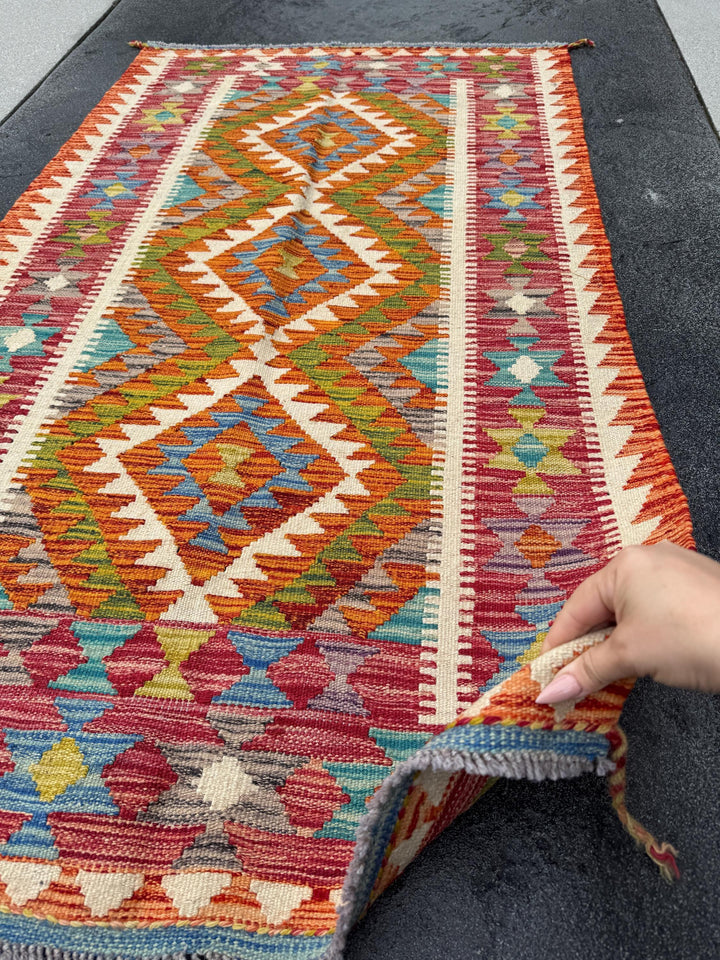 3x5 (91x152) Handmade Afghan Kilim Rug | Burnt Orange Brick Auburn Red Moss Olive Green Purple Teal Denim Blue Cream | Wool Flatweave