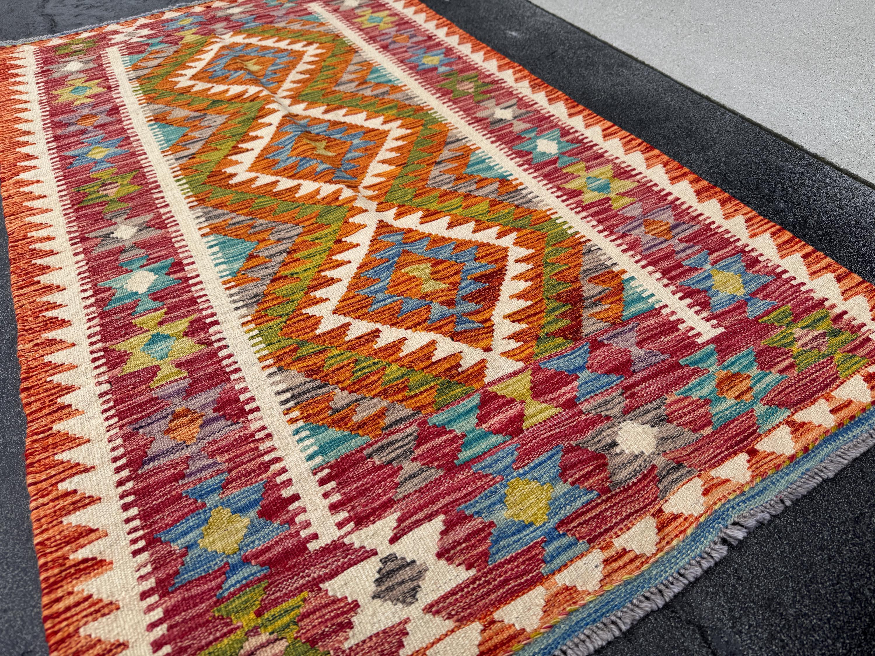 3x5 (91x152) Handmade Afghan Kilim Rug | Burnt Orange Brick Auburn Red Moss Olive Green Purple Teal Denim Blue Cream | Wool Flatweave