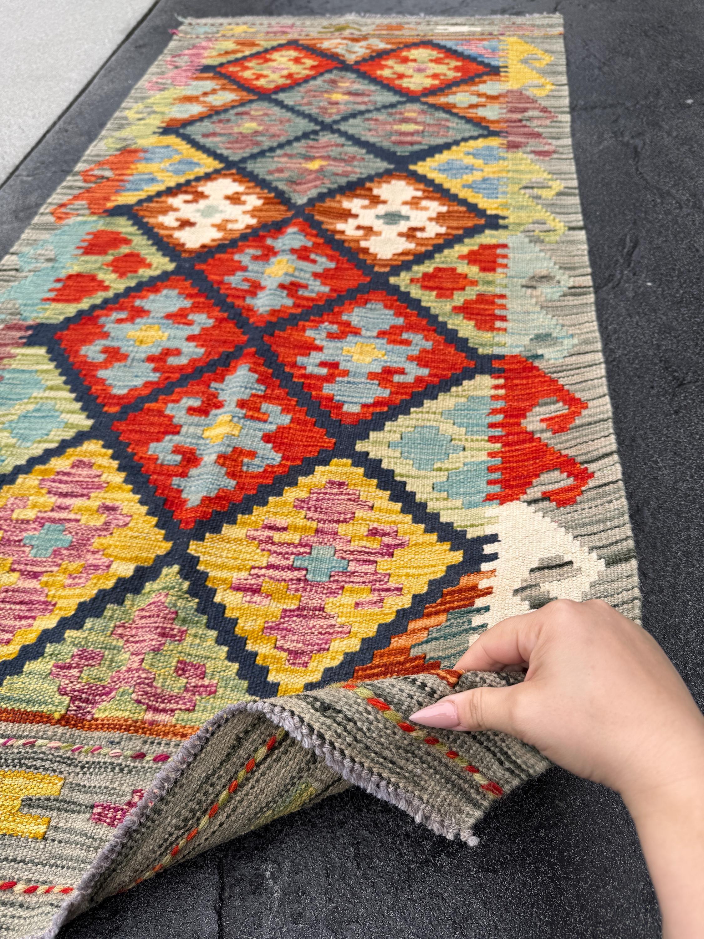 2-3x5 Handmade Afghan Kilim Rug | Grey Cream Orange Scarlet Cherry Auburn Red Mustard Yellow Pine Sage Green Powder Baby Denim Navy Blue