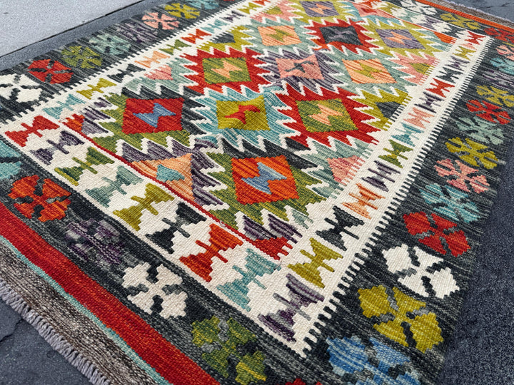 3x5 (91x152) Handmade Afghan Kilim Rug | Black Grey Cream Scarlet Red Denim Aqua Blue Pine Moss Chartreuse Green Burnt Peach Coral Orange