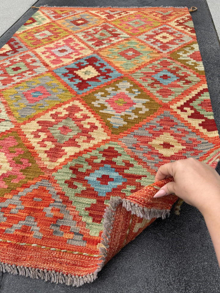 3x5 (91x152) Handmade Afghan Kilim Rug | Orange Pine Mint Olive Green Burgundy Auburn Brick Red Denim Aqua Blue Grey Cornsilk Mustard Yellow