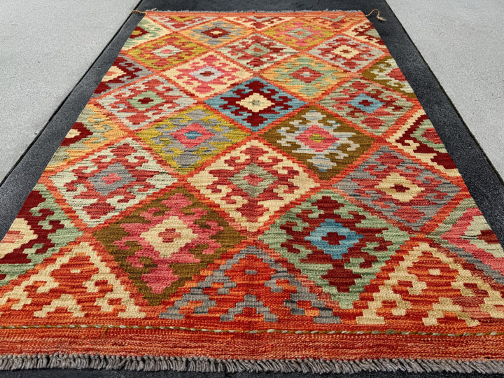 3x5 (91x152) Handmade Afghan Kilim Rug | Orange Pine Mint Olive Green Burgundy Auburn Brick Red Denim Aqua Blue Grey Cornsilk Mustard Yellow