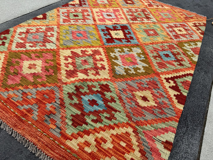 3x5 (91x152) Handmade Afghan Kilim Rug | Orange Pine Mint Olive Green Burgundy Auburn Brick Red Denim Aqua Blue Grey Cornsilk Mustard Yellow