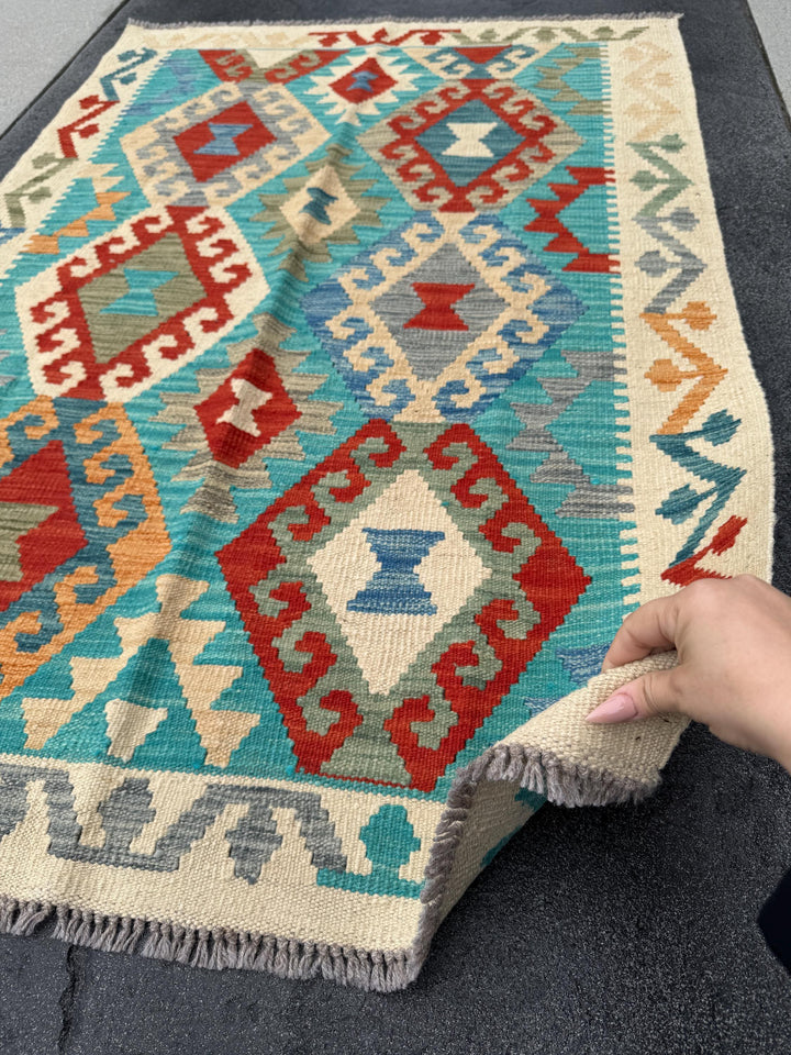 3x5 (91x152) Handmade Afghan Kilim Rug | Cream Teal Turquoise Saffron Peach Orange Scarlet Blood Red Grey Taupe Denim Blue | Wool Flatweave