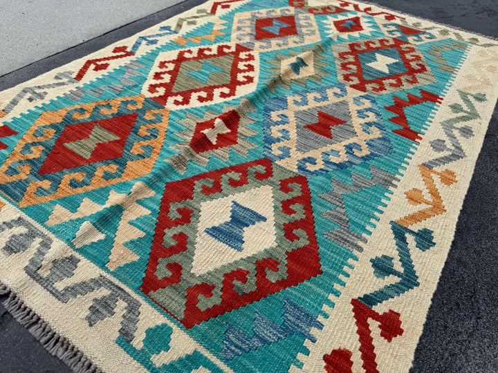 3x5 (91x152) Handmade Afghan Kilim Rug | Cream Teal Turquoise Saffron Peach Orange Scarlet Blood Red Grey Taupe Denim Blue | Wool Flatweave