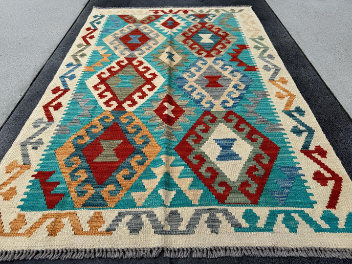 3x5 (91x152) Handmade Afghan Kilim Rug | Cream Teal Turquoise Saffron Peach Orange Scarlet Blood Red Grey Taupe Denim Blue | Wool Flatweave