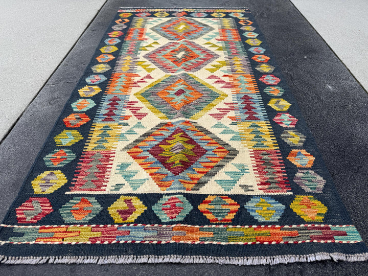 2-3x5 Handmade Afghan Kilim Rug | Midnight Navy Denim Aqua Blue Orange Moss Chartreuse Green Grey Auburn Maroon Rose Red | Wool Flatweave