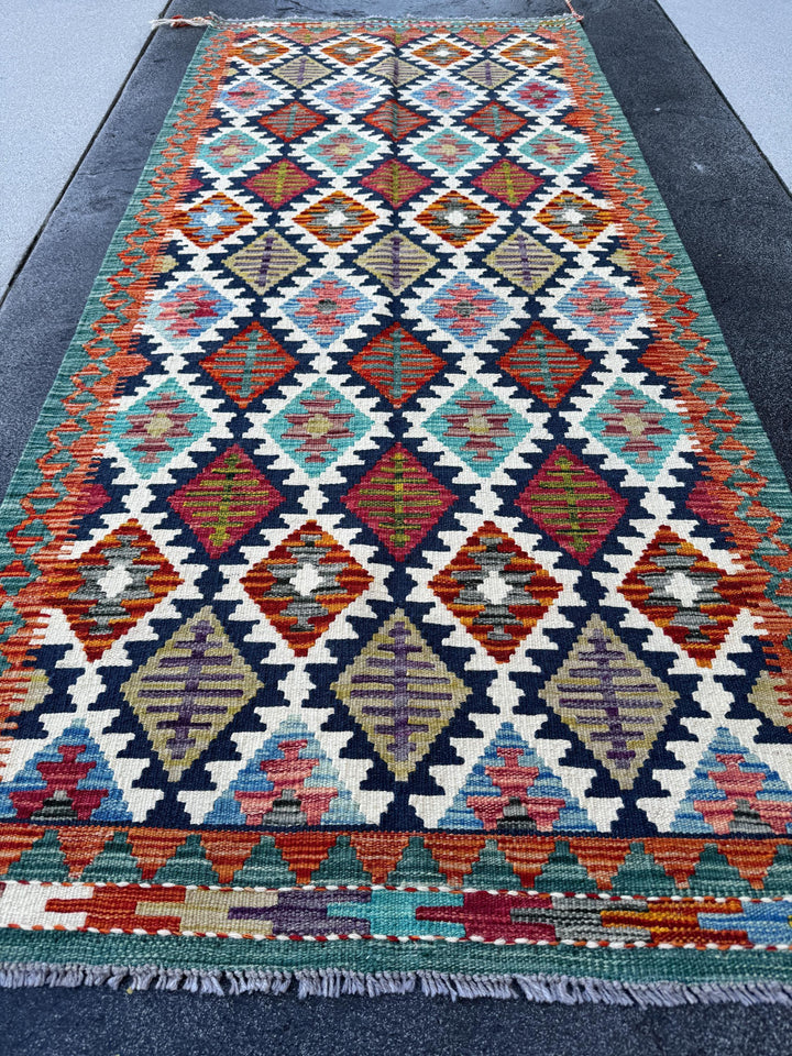 3x6-7 Handmade Afghan Kilim Runner Rug | Cream Burnt Orange Teal Turquoise Aqua Denim Midnight Navy Blue Black Grey Moss Green Purple Red