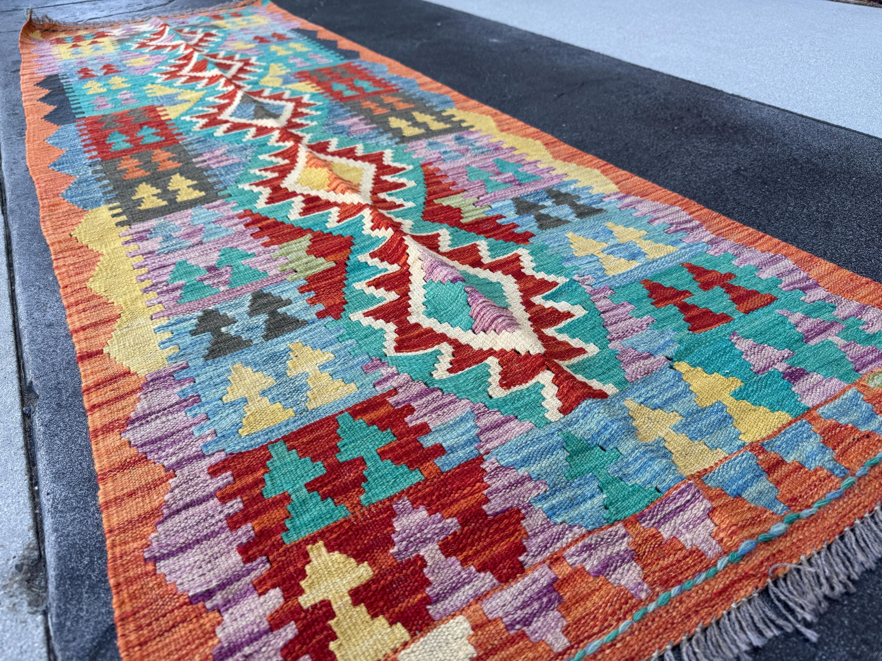 2-3x7 Handmade Afghan Kilim Runner Rug | Orange Yellow Lavender Purple Grey Denim Prussian Aqua Blue Turquoise Teal Scarlet Blood Red | Wool