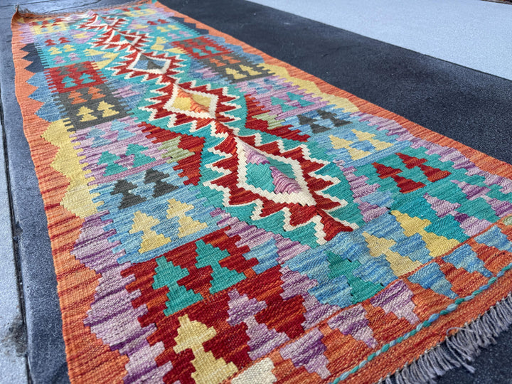 2-3x7 Handmade Afghan Kilim Runner Rug | Orange Yellow Lavender Purple Grey Denim Prussian Aqua Blue Turquoise Teal Scarlet Blood Red | Wool