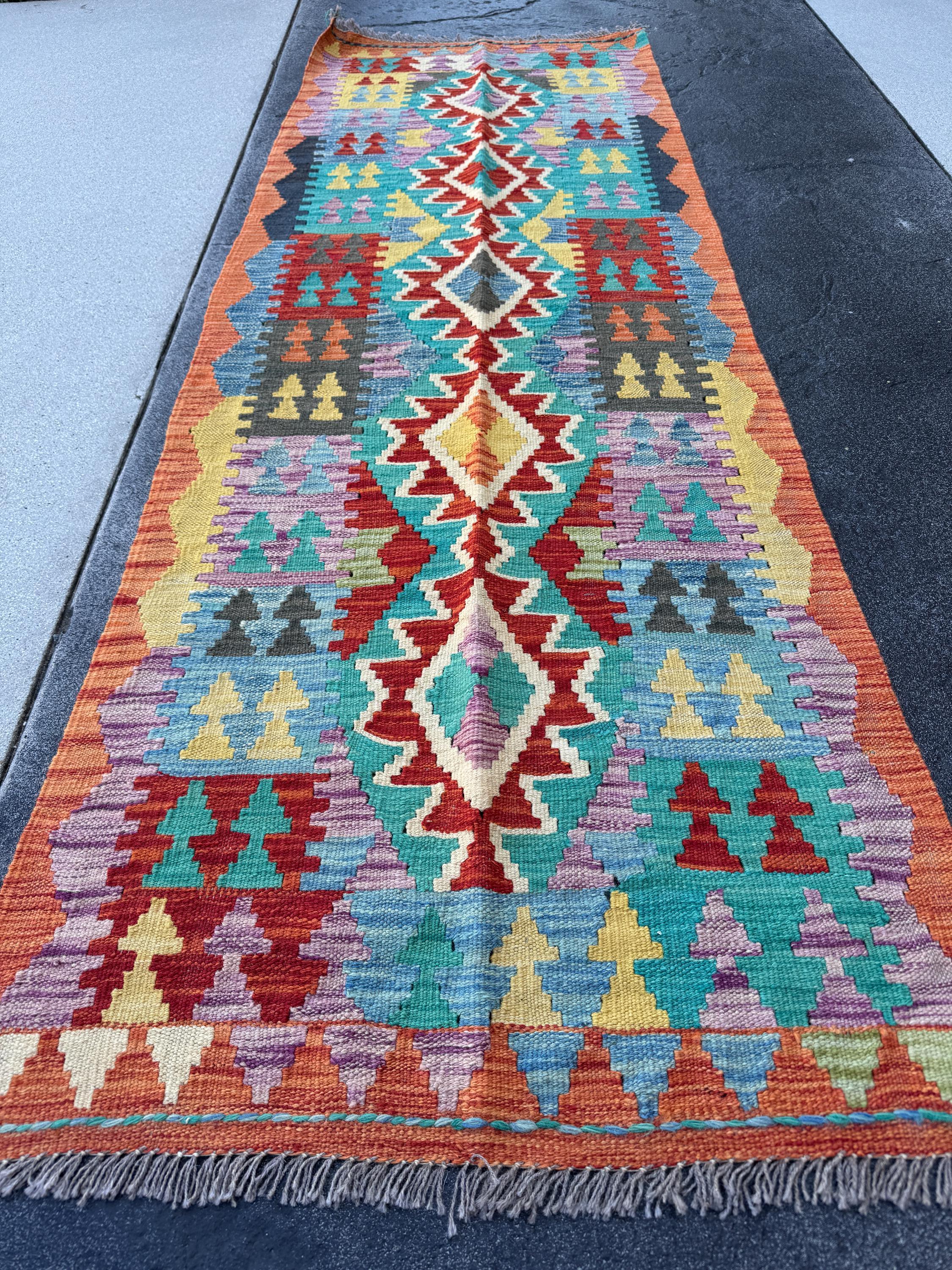 2-3x7 Handmade Afghan Kilim Runner Rug | Orange Yellow Lavender Purple Grey Denim Prussian Aqua Blue Turquoise Teal Scarlet Blood Red | Wool