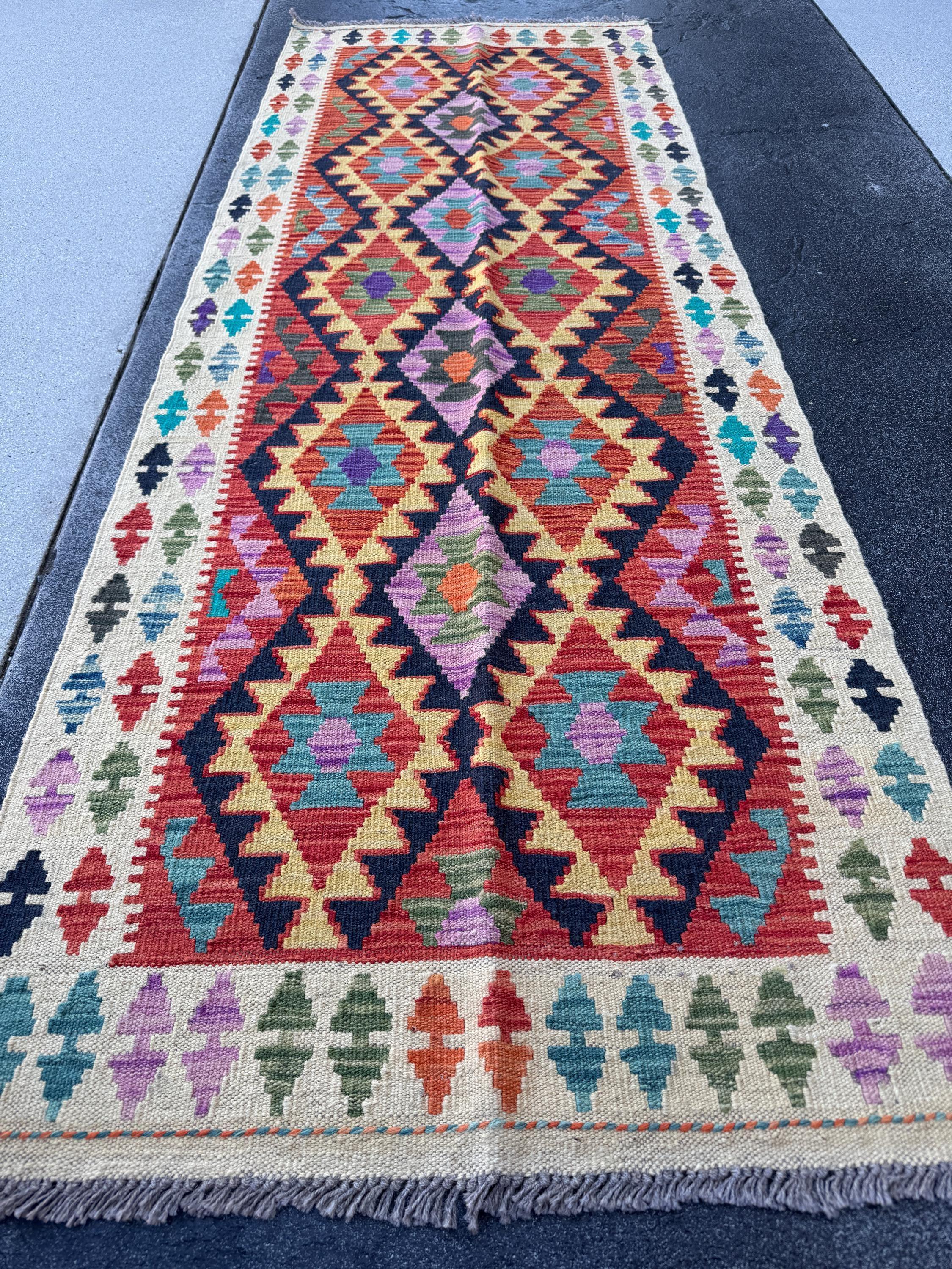 3x7 Handmade Afghan Kilim Runner Rug | Cream Rose Red Lilac Purple Forest Pine Green Denim Midnight Navy Aqua Blue Yellow Orange | Wool