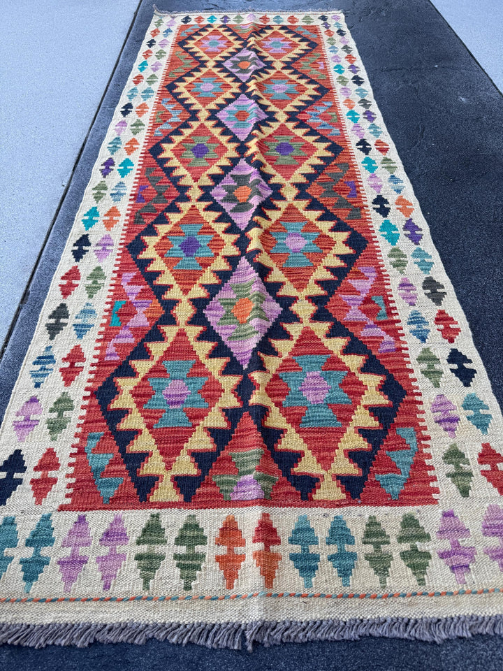 3x7 Handmade Afghan Kilim Runner Rug | Cream Rose Red Lilac Purple Forest Pine Green Denim Midnight Navy Aqua Blue Yellow Orange | Wool