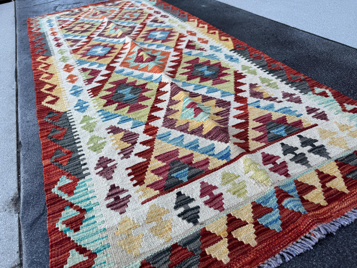 3x7 Handmade Afghan Kilim Runner Rug | Scarlet Blood Wine Red Denim Baby Powder Blue Grey Black Yellow Cream Maroon Lime Green | Wool