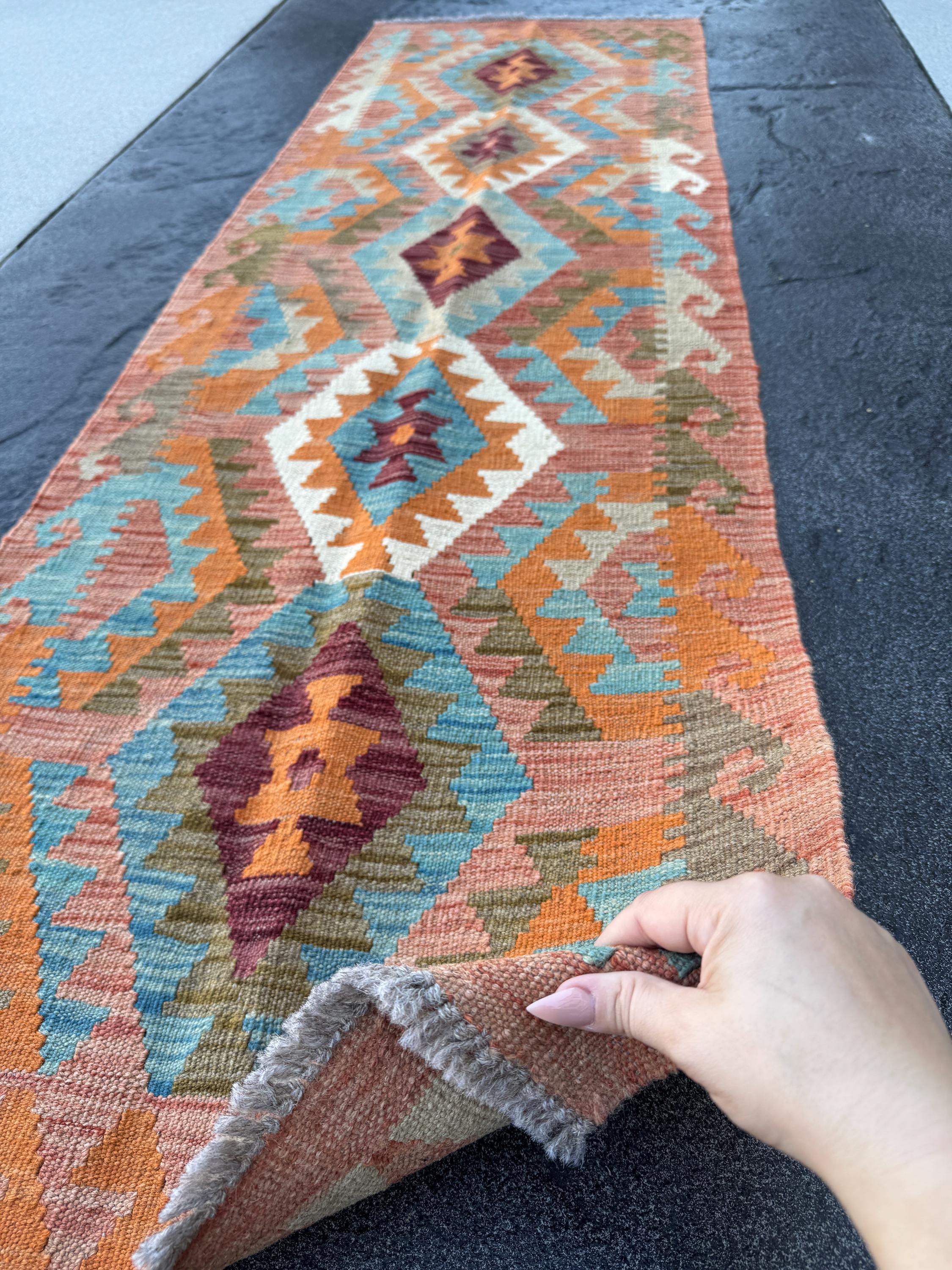 2x7 Handmade Afghan Kilim Runner Rug | Brick Garnet Wine Red Maroon Orange Sky Aqua Denim Blue Brown Moss Olive Green Cream Turquoise Taupe