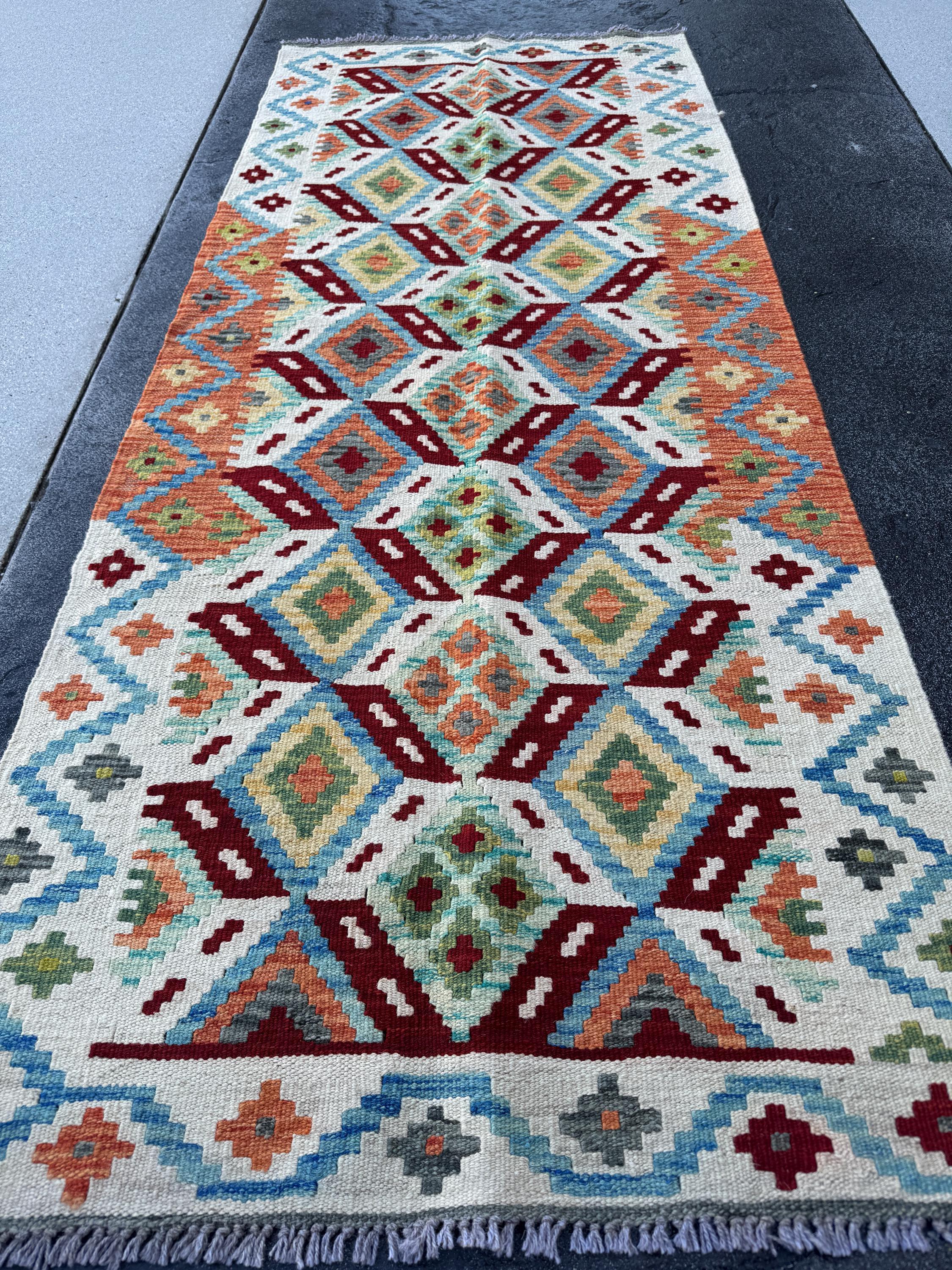 3x7 (91x213) Handmade Afghan Kilim Runner Rug | Cream Orange Denim Powder Blue Pine Lime Forest Green Blood Burgundy Red Grey Yellow | Wool