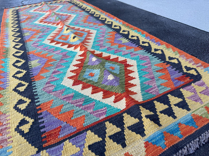3x7 Handmade Afghan Kilim Runner Rug | Midnight Denim Aqua Blue Turquoise Violet Lavender Purple Lime Forest Green Cream Yellow Orange Red