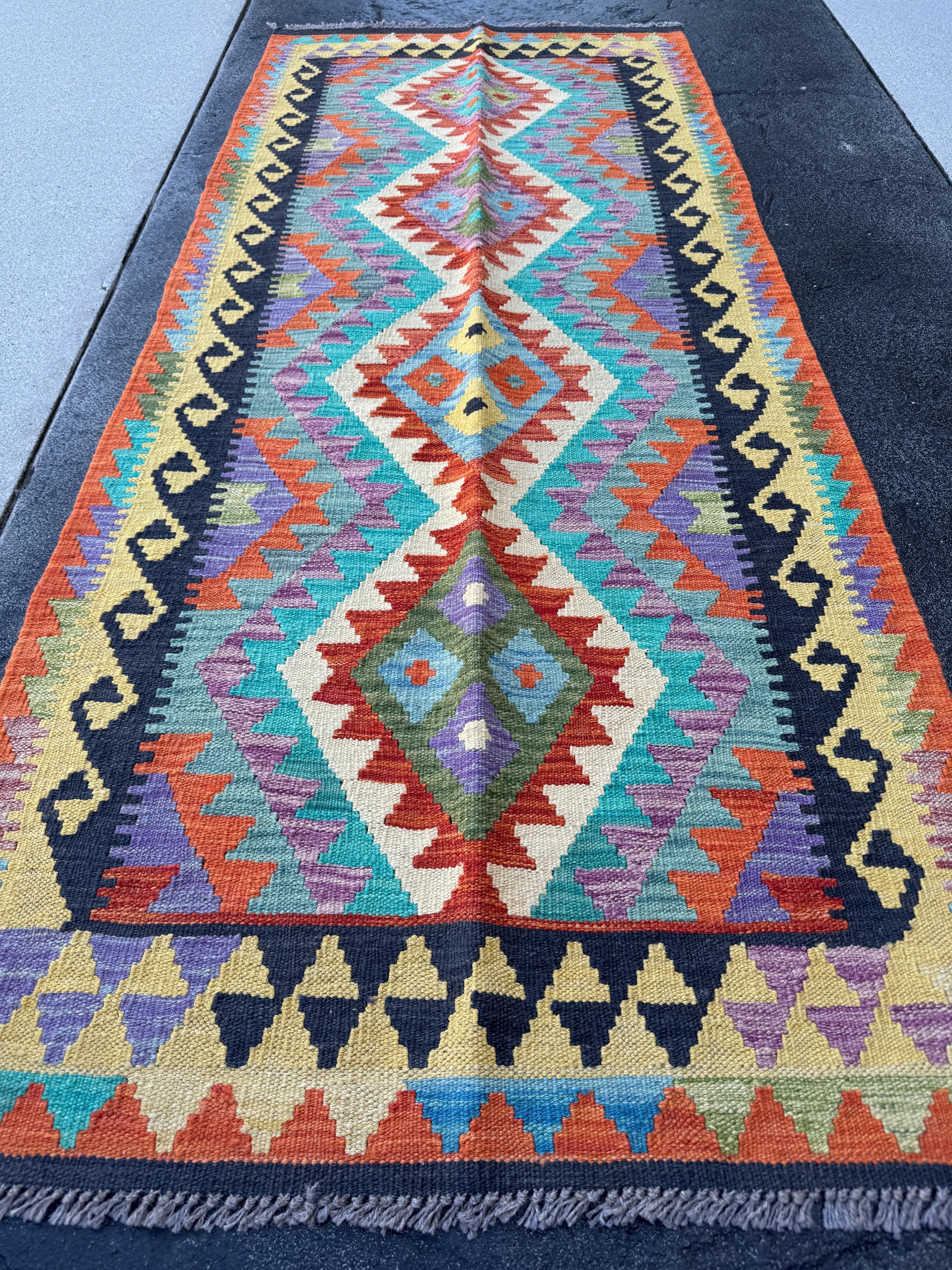 3x7 Handmade Afghan Kilim Runner Rug | Midnight Denim Aqua Blue Turquoise Violet Lavender Purple Lime Forest Green Cream Yellow Orange Red