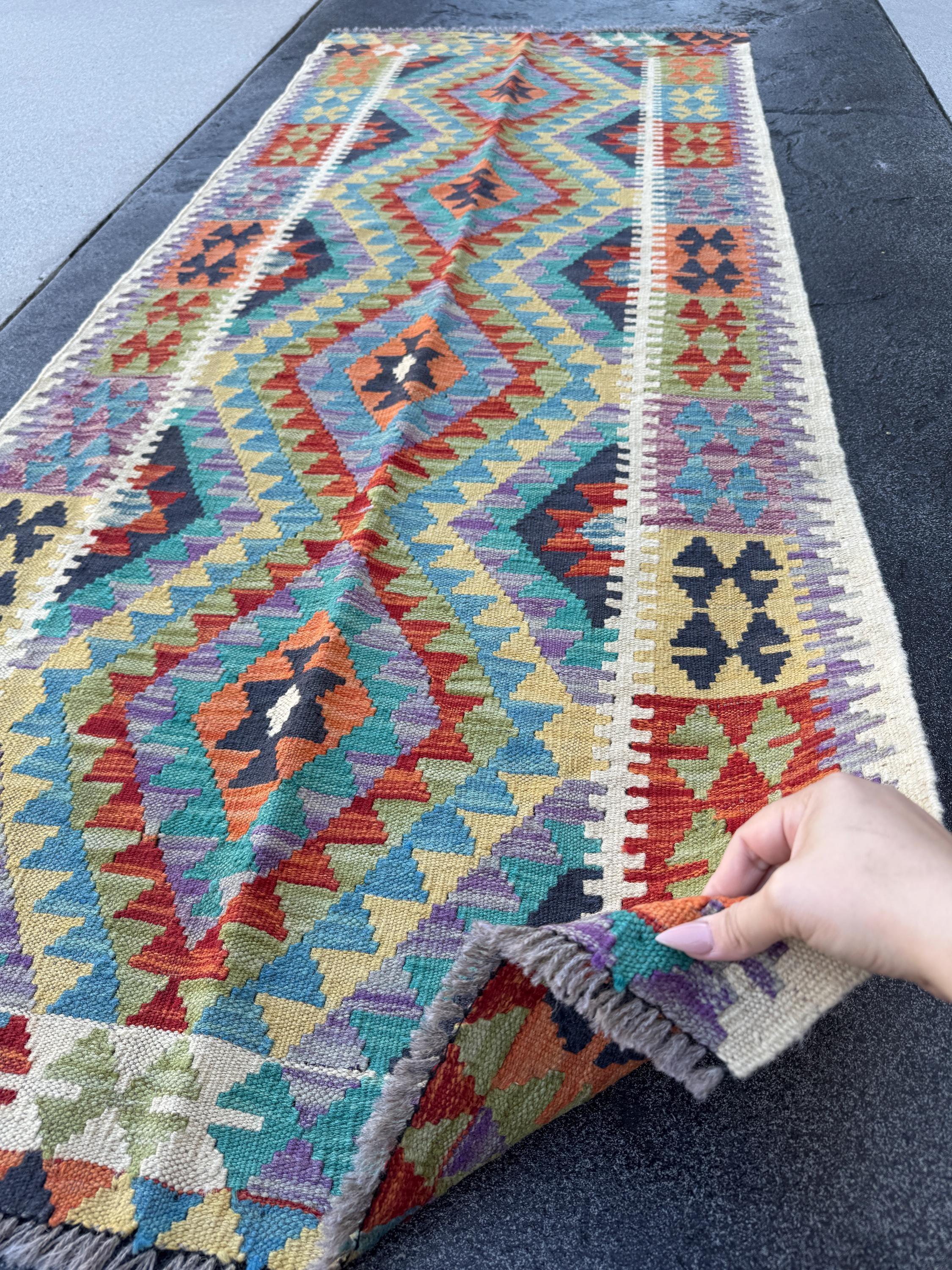 3x7 Handmade Afghan Kilim Runner Rug | Cream Denim Midnight Blue Teal Turquoise Yellow Lime Moss Green Purple Orange Burnt Red | Wool