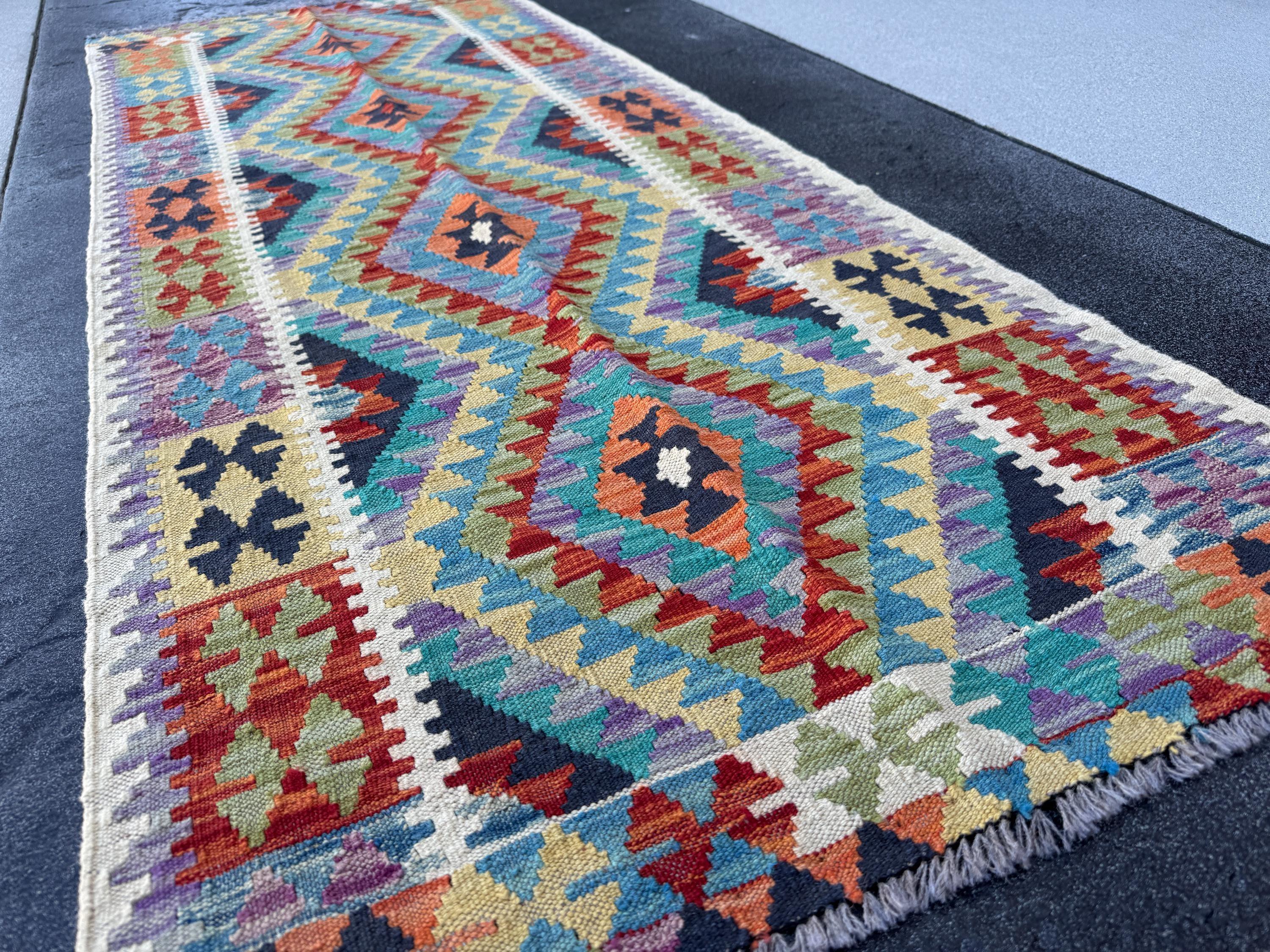 3x7 Handmade Afghan Kilim Runner Rug | Cream Denim Midnight Blue Teal Turquoise Yellow Lime Moss Green Purple Orange Burnt Red | Wool