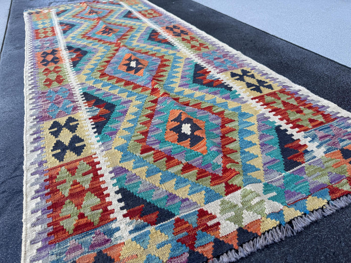 3x7 Handmade Afghan Kilim Runner Rug | Cream Denim Midnight Blue Teal Turquoise Yellow Lime Moss Green Purple Orange Burnt Red | Wool