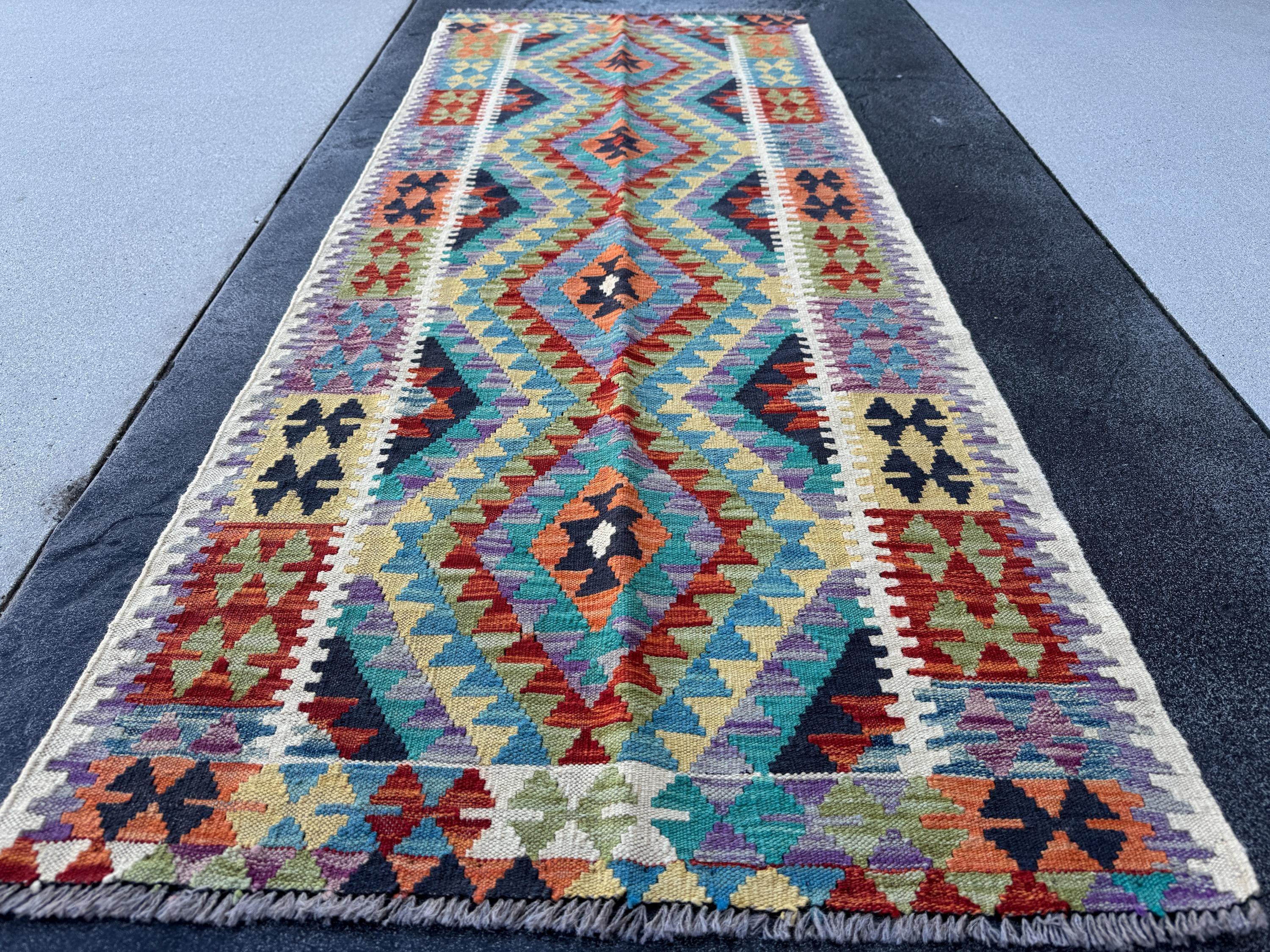 3x7 Handmade Afghan Kilim Runner Rug | Cream Denim Midnight Blue Teal Turquoise Yellow Lime Moss Green Purple Orange Burnt Red | Wool
