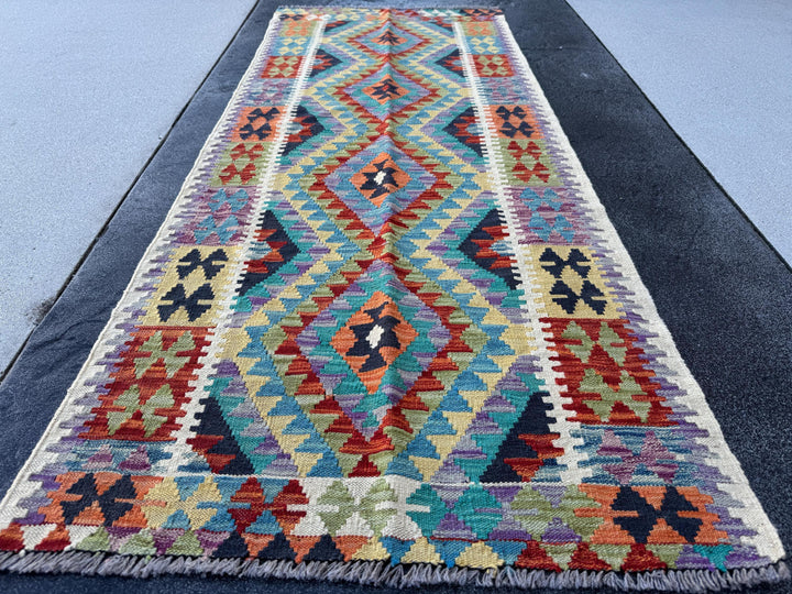 3x7 Handmade Afghan Kilim Runner Rug | Cream Denim Midnight Blue Teal Turquoise Yellow Lime Moss Green Purple Orange Burnt Red | Wool
