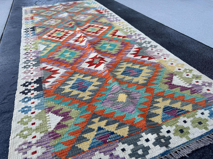 3x7 Handmade Afghan Kilim Runner Rug | Cream Lilac Lavender Plum Purple Yellow Grey Denim Royal Aqua Blue Teal Red Moss Green Black Orange