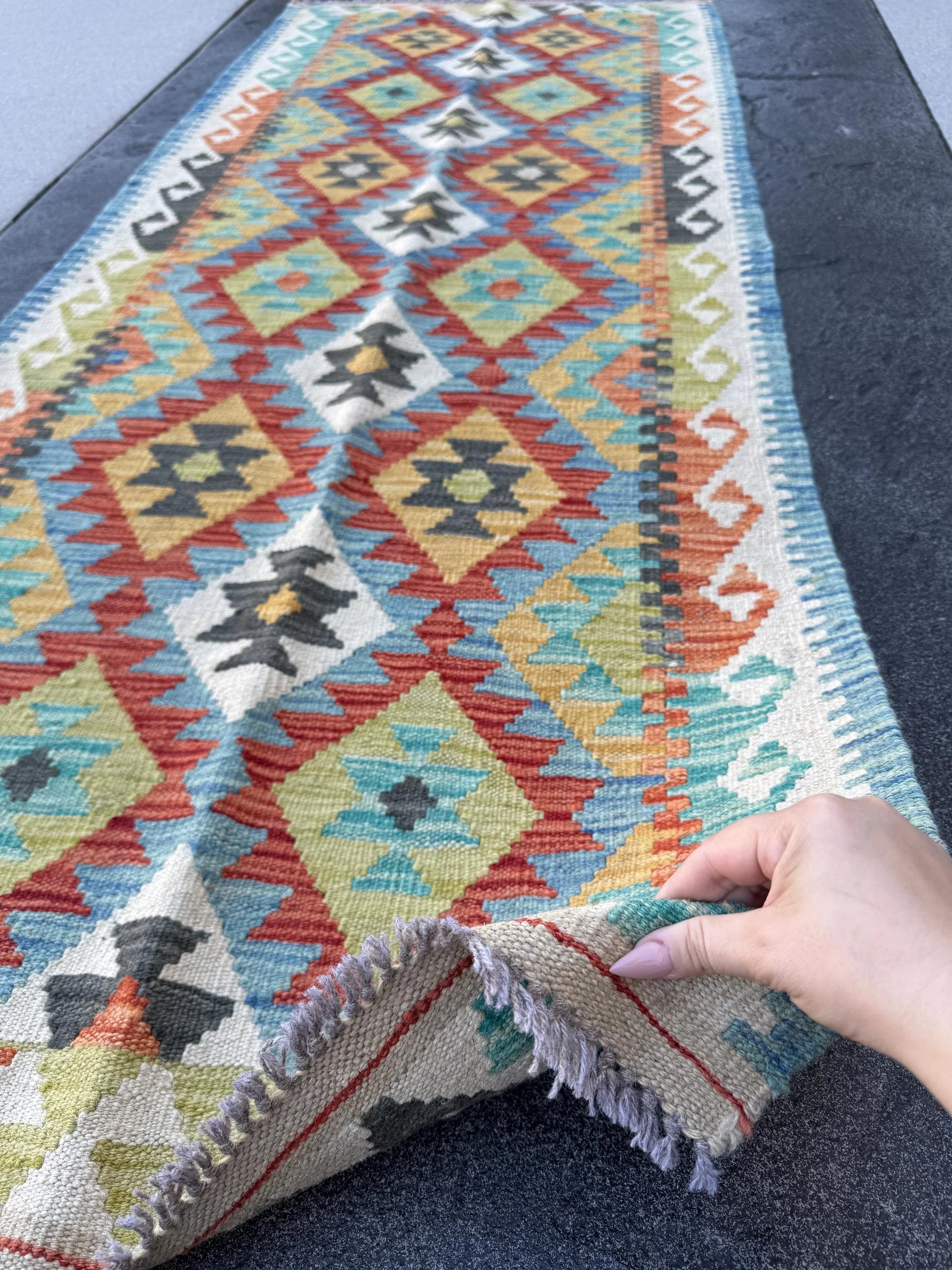3x7 Handmade Afghan Kilim Runner Rug | Cream Denim Aqua Sky Blue Black Grey Chartreuse Olive Green Peach Burnt Orange Scarlet Red | Wool